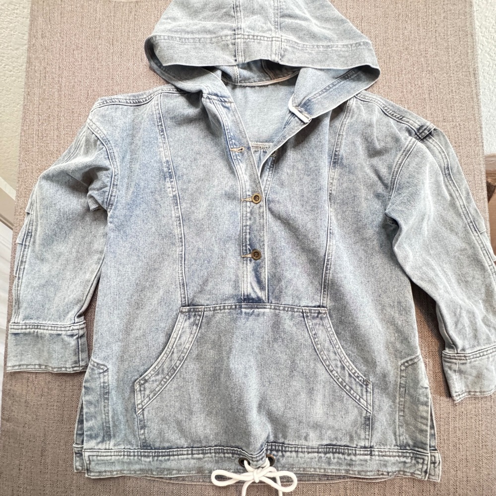 Unbranded Light Wash Denim Anorak Hoodie Button Front Kangaroo Pocket Blue M